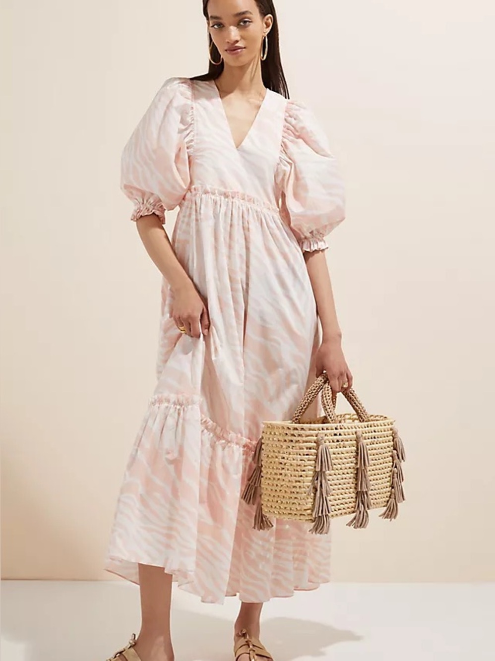 HUNTER BELL Soft Pink Zebra-Print Puff-Sleeve V-Neck Midi Dress